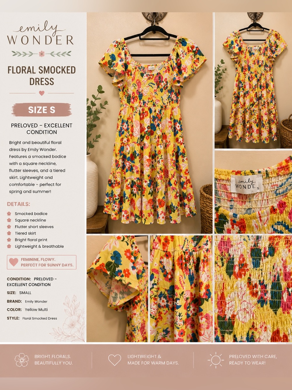 Emily Wonder Floral Smocked Dress Mini Yellow & Multicolor Small nwt